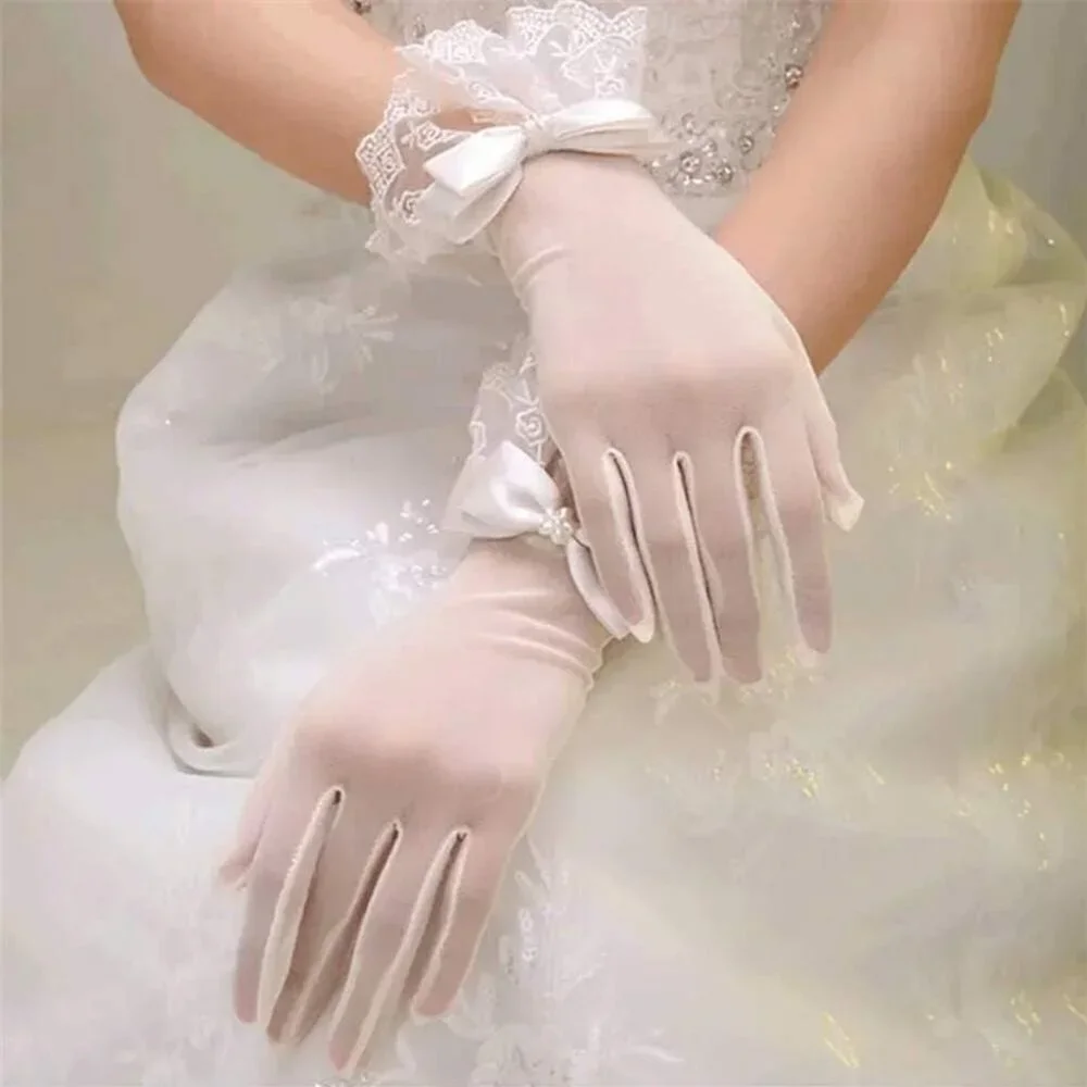 Women's Formal Floral Short Length Lace Wrist Bow Gloves Cream Wedding Costume